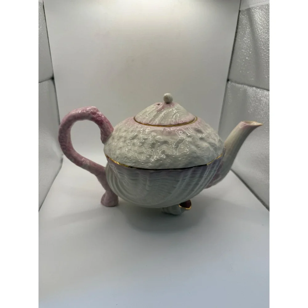 Belleek Ireland Neptune Shell Teapot Pink White Gold Trim Parian China